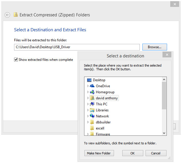 Browse for extract location