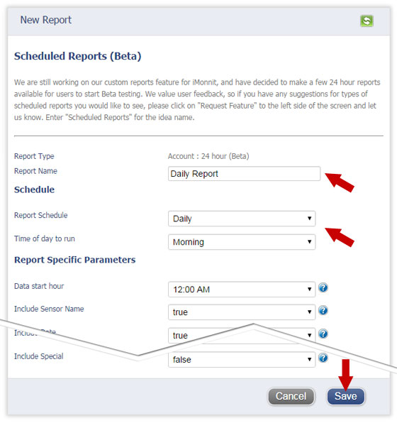 iMonnit Scheduled Report Settings