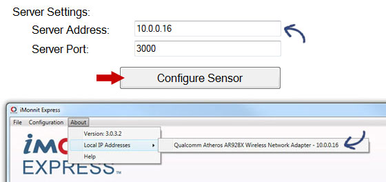 Enter IP Address of Computer into iMonnit Express